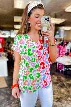 Load image into Gallery viewer, Green Leopard Print Patchwork V Neck Short Sleeve Blouse