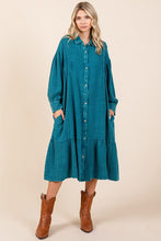 Load image into Gallery viewer, New Mineral Wash Cotton Gauze Ruffle Midi Shirt Dress For Women – Trendy, Chic, Casual & Feminine Design For Any Occasion