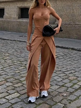 Load image into Gallery viewer, Spaghetti Strap Corset Top & Wide-Leg Pants Set – Camel, XS–2XL