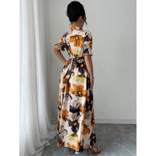 Load image into Gallery viewer, Women’s Printed Puff Sleeve Dress – Blouse Collar Cross-Tie Waist Style