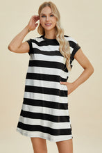 Load image into Gallery viewer, Full Size Striped Round Neck Cap Sleeve Mini Dress For Women – Striped Mini Dress, Full-Size Round Neck Dress, Comfortable Cap Sleeve Dress, Chic Striped Dress, Flattering Mini Dress, Casual Everyday Dress, Versatile Striped Dress