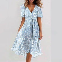 Load image into Gallery viewer, Floral Print A-Line Dress – V-Neck Short Sleeve Midi Dress