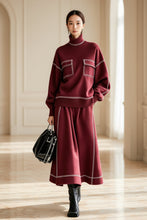 Load image into Gallery viewer, Women's Turtleneck Balloon-Sleeve Knit Top & A-Line Midi Skirt Set with Contrast Topstitching