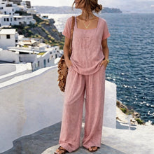 Load image into Gallery viewer, Women's Square-Neck Short-Sleeve Pantsuit – Cotton Blend Two-Piece Set