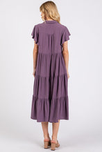 Load image into Gallery viewer, Ruffle Sleeve Collared V Neck Tiered Midi Dress For Women – Elegant and Feminine Dress with Ruffled Sleeves and Tiered Design