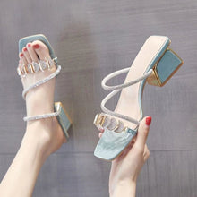 Load image into Gallery viewer, Women's Korean Style Rhinestone Single Strap Slide Sandals – Mid Chunky Heel