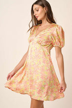 Load image into Gallery viewer, New Summer printed V-Neck Puff Sleeve Mini Dress – Trendy Floral Print with Ruched Detailing and Dramatic Puff Sleeves for a Feminine, Fashion-Forward Look