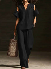 Load image into Gallery viewer, V-Neck Short Sleeve Top & Straight-Leg Pants Set – Ripped Detail, Pockets, Solid Color