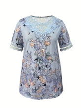 Load image into Gallery viewer, Plus Size Floral Print Lace-Trim Top – Women's V-Neck Short Sleeve Elegant Blouse