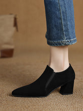 Load image into Gallery viewer, Women's Suede Pointed Toe Chunky Heel Pumps – Deep Vamp Low Heel