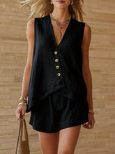 Load image into Gallery viewer, Women's Cotton-Linen V-Neck Button Sleeveless Top & Shorts Set