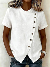 Load image into Gallery viewer, Women's Cross-Neckline Asymmetrical Hem Cotton Linen Top – Loose Fit