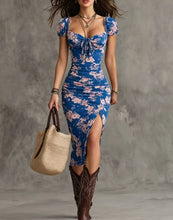 Load image into Gallery viewer, Women's Vintage Puff-Sleeve High-Waist Split Maxi Dress