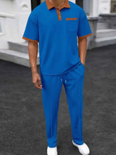 Load image into Gallery viewer, Men's Full Size Waffle-Knit Contrast Polo and Pants Set Plus Size