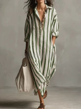 Load image into Gallery viewer, Striped Lapel Collar Dress – Side Slits & Pockets