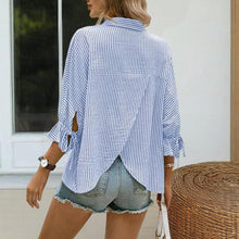 Load image into Gallery viewer, Women’s Striped V‑Neck Blouse with Ruffled Cuffs & Tie‑Back Slit