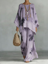 Load image into Gallery viewer, Floral Print Bamboo Linen Two-Piece Set with Wide-Leg Pants