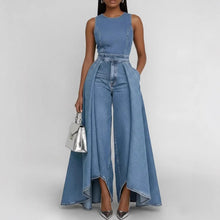 Load image into Gallery viewer, Women’s Crew Neck Sleeveless Wide-Leg Denim Jumpsuit