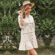 Load image into Gallery viewer, Women's V-Neck A-Line Dress – Three-Quarter Sleeve Button Contrast Panel