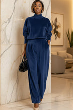 Load image into Gallery viewer, Women's Mock Turtleneck Balloon Sleeve Top & Pleated Wide-Leg Trousers Set