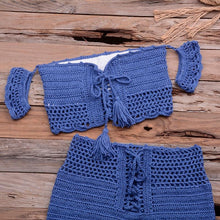 Load image into Gallery viewer, Fashion Beach Bikini Set Knitting Swimsuit Crochet Style Off Shoulder Bathing Handmade Tassels Bikini Bra Two Piece Beach Outfits For Women Crochet Tassels Hollow Out Bikini Bra Top Skirt Cover Up Dress