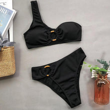 Load image into Gallery viewer, Modern Design Bikini Set One Shoulder Women's Swimsuits High Waist Bright Color Swimwear Women Rings Ribbed Bikinis Women's Ribbed O-Ring String Bikini Swimsuit Comfortable Swimwear