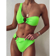 Load image into Gallery viewer, Modern Design Bikini Set One Shoulder Women's Swimsuits High Waist Bright Color Swimwear Women Rings Ribbed Bikinis Women's Ribbed O-Ring String Bikini Swimsuit Comfortable Swimwear