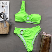 Load image into Gallery viewer, Modern Design Bikini Set One Shoulder Women's Swimsuits High Waist Bright Color Swimwear Women Rings Ribbed Bikinis Women's Ribbed O-Ring String Bikini Swimsuit Comfortable Swimwear