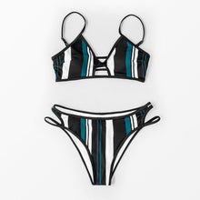 Load image into Gallery viewer, Fashion Blue White Women Striped Bikini Sets Swimsuit Women Halter Top Bikini High Waist Bathing Suits Bandage Two Piece Swimsuit Two Pieces Swimwear Women Summer Beach Adjustable Bathing Suit