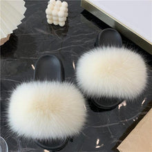 Load image into Gallery viewer, Fashion Fox Fur Slippers Women Home Fluffy Comfort Summer Flats Sweet Shoes Indoor Flip Flops Fur Slides Elegant Sandals Lightweight House Slippers Fuzzy Band Slip On Open Toe Slippers