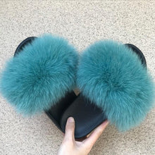 Load image into Gallery viewer, Fashion Fox Fur Slippers Women Home Fluffy Comfort Summer Flats Sweet Shoes Indoor Flip Flops Fur Slides Elegant Sandals Lightweight House Slippers Fuzzy Band Slip On Open Toe Slippers