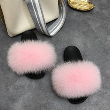 Load image into Gallery viewer, Fashion Fox Fur Slippers Women Home Fluffy Comfort Summer Flats Sweet Shoes Indoor Flip Flops Fur Slides Elegant Sandals Lightweight House Slippers Fuzzy Band Slip On Open Toe Slippers