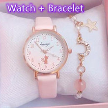 Load image into Gallery viewer, Fashion Set Bracelet Watch Leather Strap Watch Cute Cat Dial Girl Watch Children Quartz Watch Couple Watch Gift Set Valentines Romantic Lovers Watch For Man Woman Leather Strap