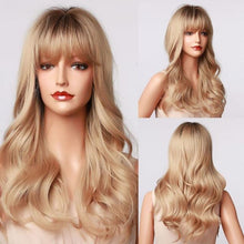 Load image into Gallery viewer, Fashionable Long Wavy Synthetic Wigs Brown to Blonde Ombre with Bangs Fake Hair for Women Daily Cosplay Party Heat Resistant Wigs For Black Women Gifts for Girlfriends