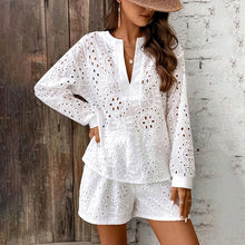 Load image into Gallery viewer, Women's Eyelet Embroidery V-Neck Long Sleeve Top & Shorts Two-Piece Set