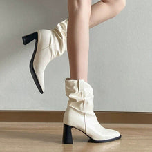 Load image into Gallery viewer, Women's French Luxury Ruched Square Toe Block Heel Slouch Ankle Boots