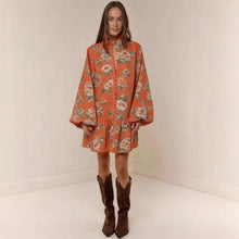 Load image into Gallery viewer, Digital Print Lantern Sleeve Linen Midi Dress – Loose Fit Pullover