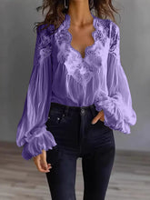 Load image into Gallery viewer, Lace-Panel Puff Sleeve Pleated Ruffle Shirt | Ballet Style