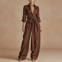Load image into Gallery viewer, Women's Linen Long Sleeve Shirt & High-Waist Wide-Leg Pants Set with Tie Belt