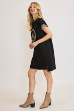 Load image into Gallery viewer, Peace Plaid Applique Short Sleeve Mini Dress For Women – Trendy Plaid Design, Unique Peace Applique, High-Low Hem for a Chic Look