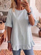 Load image into Gallery viewer, Women's Striped Ruffle-Sleeve Loose-Fit Blouse – Three-Quarter Sleeve