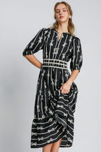 Load image into Gallery viewer, Bow Tie Print Notched Contrast Velvet Trim Midi Dress–Elegant Bow Tie Print, Modern Notched Neckline, Luxurious Velvet Trim, Sophisticated Midi Dress for Special Events