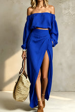 Load image into Gallery viewer, Women's Off-Shoulder Puff-Sleeve Crop Top & Wrap-Front High-Slit Maxi Skirt Set