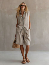 Load image into Gallery viewer, Women's Linen Shirt and Shorts Set – Sleeveless Summer Two-Piece