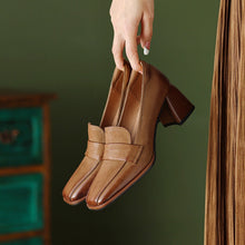 Load image into Gallery viewer, Women's Sheepskin Square Toe Chunky Heel Pumps – Retro High Heel Dress Shoes