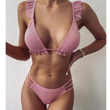 Load image into Gallery viewer, Female Swimsuit Women String Triangle Top Bikini Bottom Printed Push Up Swimsuit Bikini Sets Two Piece Split Button Beachwear Bathing Suit High Waist Bathing Suit High Cut