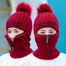 Load image into Gallery viewer, Female Winter Knitted Hats Add Fur Lined Warm Winter Hats For Women With Zipper Keep Face Warmer Balaclava Pompoms Cap Fleece Balaclava Gorgas Bonnet Knitted Hat Windproof Ski Mask Cold Weather Face Mask Motorcycle Balaclava Hood Warmer Winter Sports Cap