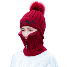 Load image into Gallery viewer, Female Winter Knitted Hats Add Fur Lined Warm Winter Hats For Women With Zipper Keep Face Warmer Balaclava Pompoms Cap Fleece Balaclava Gorgas Bonnet Knitted Hat Windproof Ski Mask Cold Weather Face Mask Motorcycle Balaclava Hood Warmer Winter Sports Cap