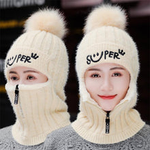 Load image into Gallery viewer, Female Winter Knitted Hats Add Fur Lined Warm Winter Hats For Women With Zipper Keep Face Warmer Balaclava Pompoms Cap Fleece Balaclava Gorgas Bonnet Knitted Hat Windproof Ski Mask Cold Weather Face Mask Motorcycle Balaclava Hood Warmer Winter Sports Cap
