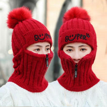Load image into Gallery viewer, Female Winter Knitted Hats Add Fur Lined Warm Winter Hats For Women With Zipper Keep Face Warmer Balaclava Pompoms Cap Fleece Balaclava Gorgas Bonnet Knitted Hat Windproof Ski Mask Cold Weather Face Mask Motorcycle Balaclava Hood Warmer Winter Sports Cap